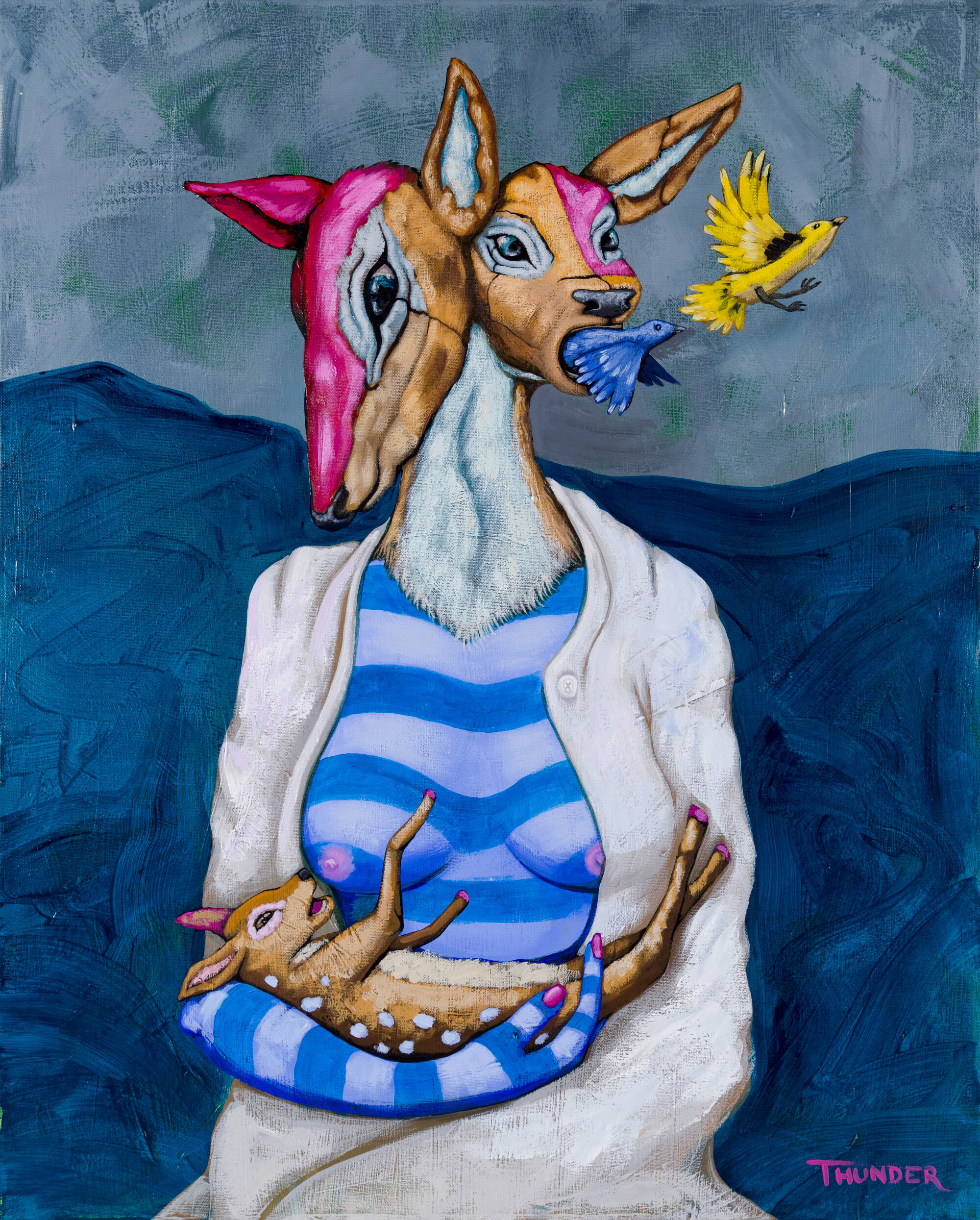 Colorful painting of a two-headed dear, one of the heads has birds coming from the mouth. The body of the deet is seated like a human, painted with blue stripes, holding a baby deer.